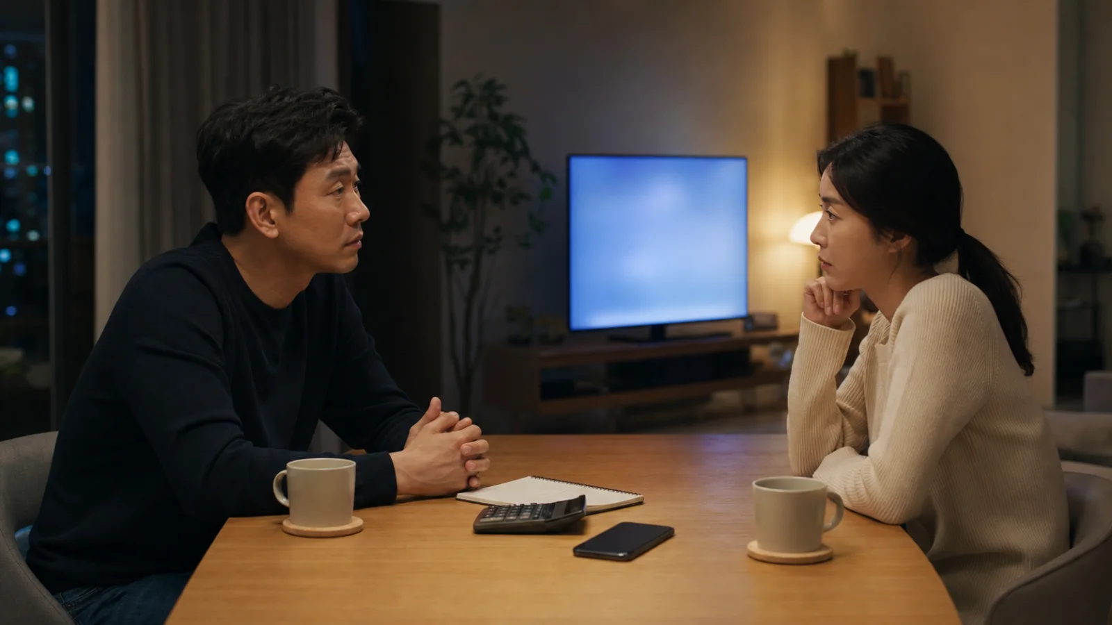 가계 노트와 계산기를 사이에 두고 돈 문제를 차분히 이야기하는 가상의 커플